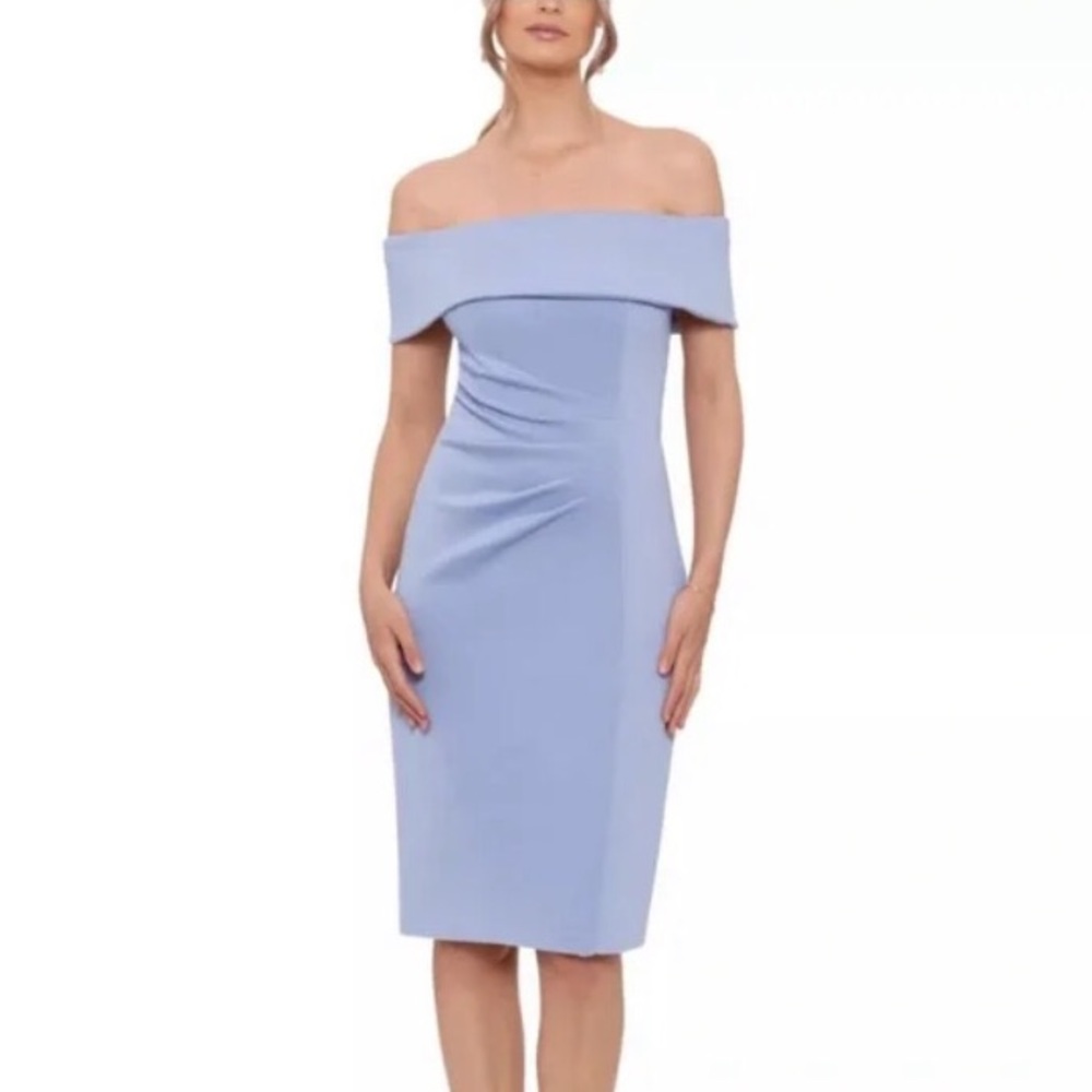Light Blue Xscape Womens Ruffled Knee Sheath Dress Gem